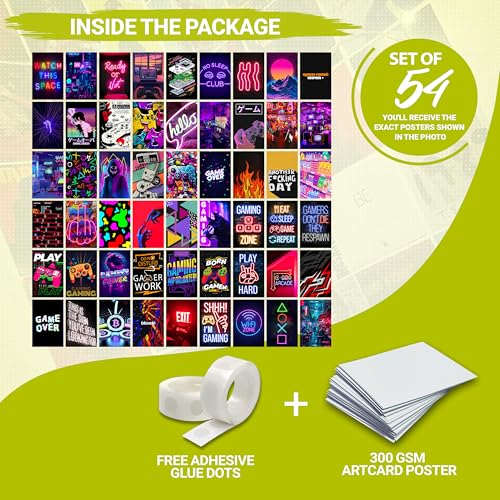 Image of MODERN GALLERY MART Pack of 54 Gaming Wall Collage Kit Posters - 4 x 6 Inches Posters for Wall Decoration - Wall Art For Bedroom, Office, Living room, Dorm room - Glue Dots Included