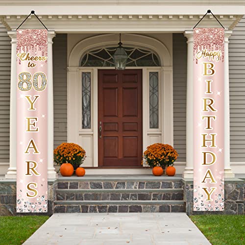Image of 80th Birthday Decorations Door Banner for Women, Pink Rose Gold Cheers to 80 Years Birthday Backdrop Sign Party Supplies, Happy Eighty Birthday Porch Decor for Outdoor Indoor