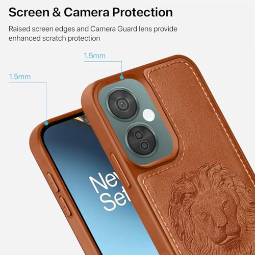 Image of Vaku Luxos Lion Embossed Back Cover Case for OnePlus Nord CE 3 Lite Premium Leather Stitched Soft Shockproof Protective TPU Phone Case Camera Screen Protector- Brown