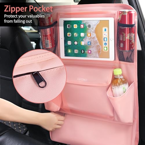 Image of LUCMO Car Backseat Organizer with Touch Screen Tablet Holder, Pink | 9 Storage Pockets,Clear Tablet Holder,Protectors Kick Mats,Travel Accessories,Seat Cover,Road Trip Essentials