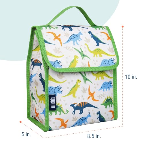 Image of Wildkin Insulated Lunch Bag for Kids, Dinosaur Adventures | 10 x 8.5 x 5 in insulated fold-flat lunch bag with touch closure, sturdy carry handle and wipe-clean lining.
