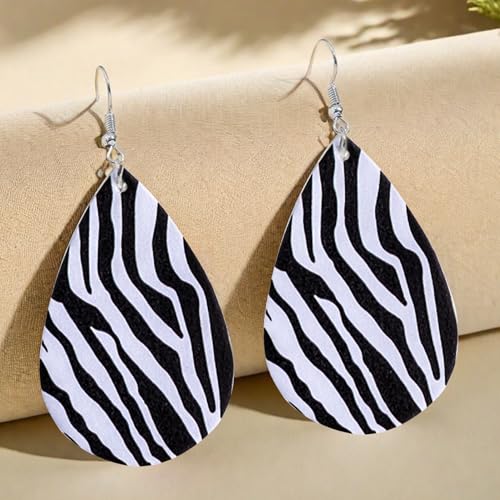 Zebra Print Earrings for Women Black and White Leather Teardrop Dangle Drop Jewelry Outfits Accessories 6