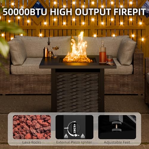 JAMFLY 28 Inch Propane Fire Pit Table Outdoor Gas Fire Pit, 50,000 BTU Square Fire Table with Lava Rocks and Lid, 2-in-1 Fire Table for Outside Patio, Backyard, Garden