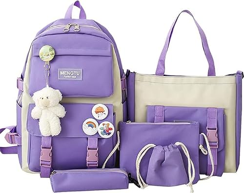 GGEROU Kids Backpack set 5Pcs Aesthetic School Bags,Aesthetic Backpack Cute Kawaii School Bag with Pendant Lunch Bag,Pencil Case,Handbag,Coin Purse (Purple)