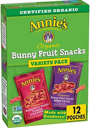 Annie's Homegrown Organic Bunny Fruit Snacks, Variety Pack, 12 Pouches, 9.6 oz Box