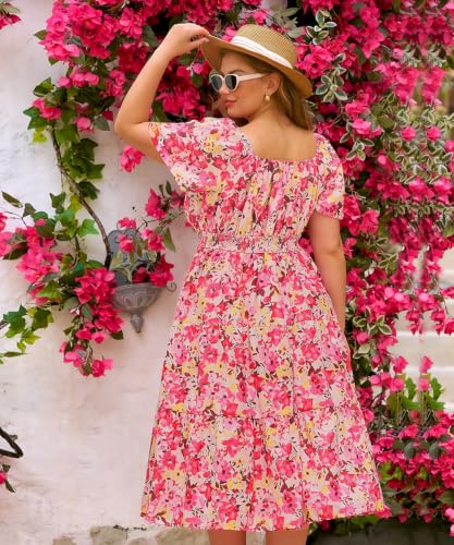 Image of RITERA Plus Size Dresses for Curvy Women Square Neck Short Sleeve Summer Floral Smocked Maxi Dress with Pocket XL-5XL