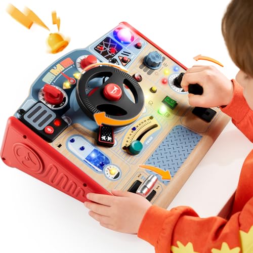 TOP BRIGHT Montessori Busy Board with LED Light, Sensory Toys with Sounds & Switches, Activity Board for Kids 3-5, Car Driving Toy for Toddler Boy, 3 Year Old Girl Boy Gifts for Birthday Christmas