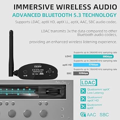 1Mii DS500 Hi-Res Bluetooth 5.3 Receiver, 32-Bit/384kHz Audiophile DAC, Lossless LDAC & aptX HD, OLED Display, Built-in EQ, RCA/Optical/Coaxial Out for Home Stereo, AV Receiver & Amplifier