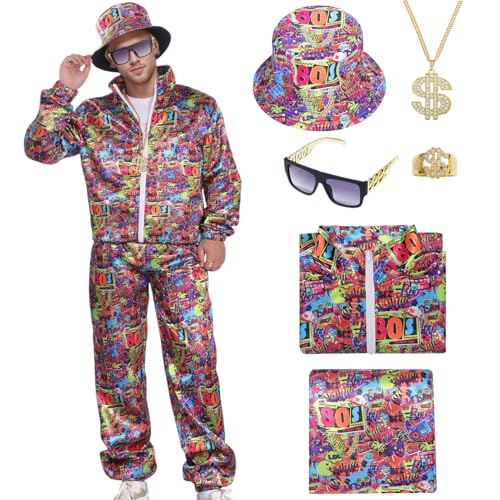 HarnyLoom 80s 90s Costume Men Women, Retro Fancy Dress Disco Adults Outfit Shell Suit Rave Tracksuit Jacket Glassess Hat Carnival Halloween Party Cosplay (Red-80s, L)