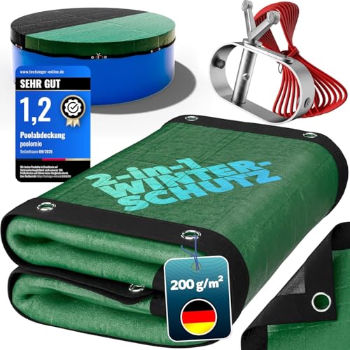 poolomio® Pool Winterabdeckung rund für Pools Ø 360/366–390 cm | 2in1 Solarplane & Poolabdeckung | Robuste 200g/m² PE Poolplane Abdeckplane | UV-beständig, Algen- & | Planenmaß: Ø 420 cm
