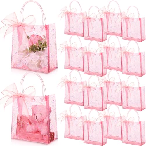 Sayglossy 24 Pcs Clear Pink Gift Bags with Handles 6.3 x 5.9 x 2.8 Inch Wedding Transparent Glitter Tote with Ribbons Reusable PVC Gift Wrap Bags for Baby Bridal Shower Birthday Party