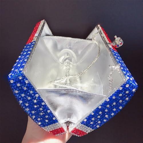 Image of National Flag Evening Clutch Rhinestone Purse for Women, USA Flag Crystal Shoulder Bag, Blue Red