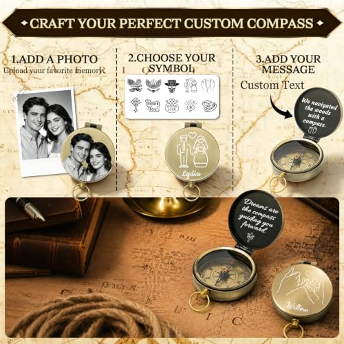Brújula vintage personalizable grabable con texto y fotos para hombres miniatura 2