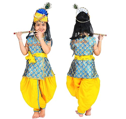 Image of Sarvda Shree Krishna Dress for Baby Boy & Radha Dress for Girls | Janamashtami Dress | Fancy Dress Costume with Accessories Dhoti, Dupatta, Mukut Flute Complete set, Ethnic wear