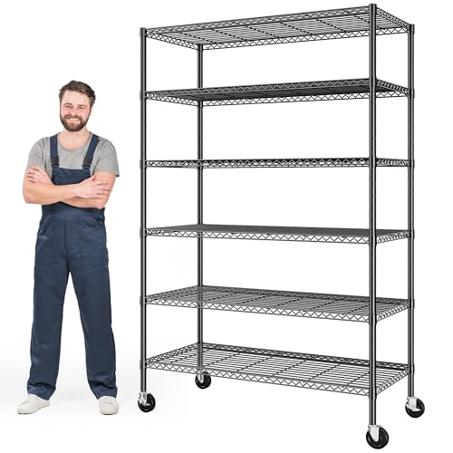 82″ H X45 W X18 D Storage Shelves with Wheels, 6 Tier Wire Shelving Adjustable Metal Shelving Pantry Shelves Capacity 1200LBS for Garage Shelving, Pantry, Kitchen, Closet, Commercial, Black