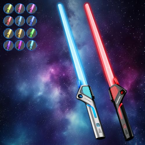 Rakuker Sable de Luz, 2 en 1 Espada Laser Niños con 12 Colores, LED Lightsaber con Sonido de Combate Simulado, Retráctil Sable Laser, LED Espada Juguete Niño para Halloween, Reuniones, Fiestas