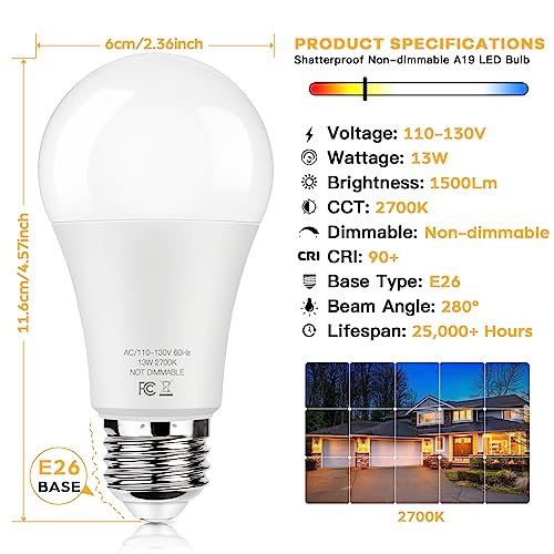 Image of LED Light Bulbs 100W Equivalent 1500 Lumens, A19 13W 2700K Warm White Non-Dimmable, Super Bright No Flicker Standard E26 Edison Screw Bulbs for Home, Bedroom, Office Lamp, 12-Pack