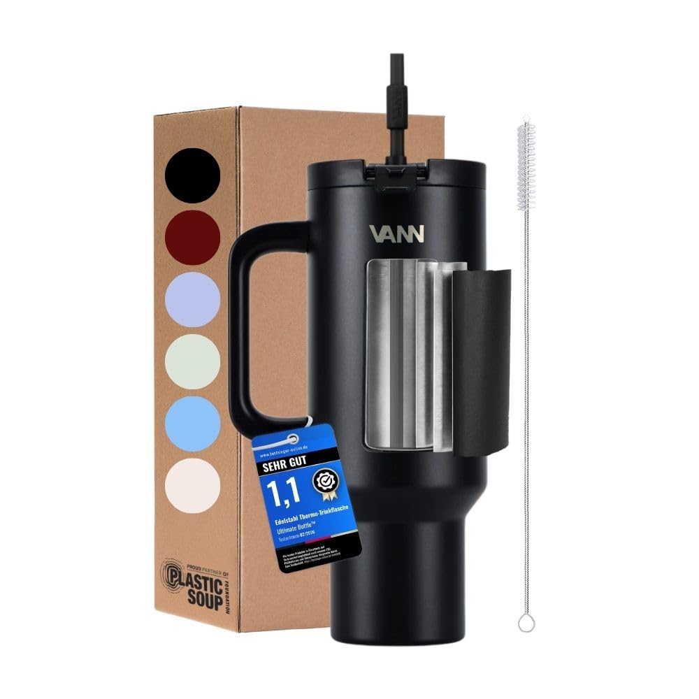 VANN Trinkflasche mit Strohhalm 1,2L - Tumbler zertifiziertem Edelstahl | 2-in-1-Deckel Trinkbecher Auslaufsicher & 3-fach Isolierung - Trinkbecher mit Deckel und Strohhalm [BPA-frei] - One Schwarz