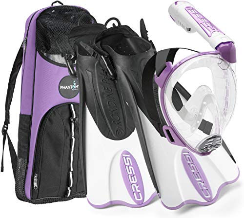 Cressi Italian Designed Premium 180° Full Face Snorkel Mask with Advanced Breathing System - Panoramic Side Snorkel Set Design - and Palau Short Snorkeling Fins and Snorkel Set Gear Bag, Lilac - ML