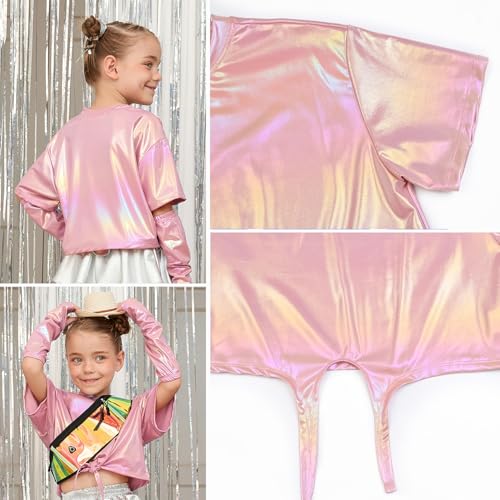 Image of Perfashion Girls Metallic Shirts Shiny Tie Front Knot Crop Top with Arm Sleeves for Dancing Raves Festivals 4-15 Years