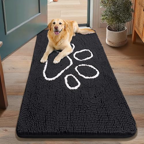 Image of Smiry Dog Door Mat for Muddy Paws, Absorbent Dirt Trapper Non Slip Quick Dry Washable Chenille Mat for Mud Dogs, Entry Rug for Indoor and Outdoor (48x30 Inches, Black and White)