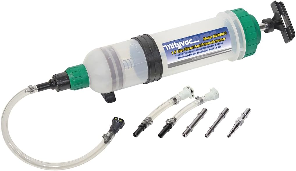 Mityvac MVA6853 1.5 Liter Fuel/Fluid Evacuation Extractor and Primer Syringe Kit, Manual Operation, Integrated Valve System for Diesel/Gasoline, Fuel Capable Seals, Compact Design, Easy to Clean Hose