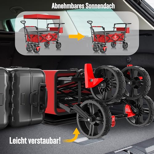 KESSER® Bollerwagen faltbar GT9000 mit Dach Handwagen Transportwagen mit Schloss & Cover | 2X 3-Punkt Gurtsystem | klappbar | Vollgummi-Reifen | bis 80 kg | Vorder- & Hinter-Bremse, Rot/Grau – Bild 7