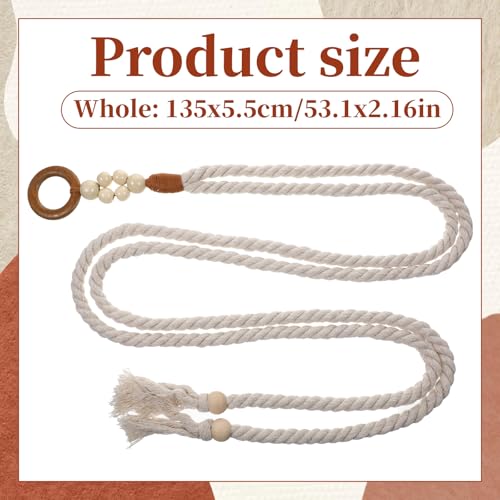 Women Tassel Braided Waist Belt, Women's Skinny Tassel Waist Belts with Wooden Beads Waist Belt Rope Chain, Trendy Boho Thin Belts White Thin Woven Waist Rope Belt for Dresses Skirts Tunics2