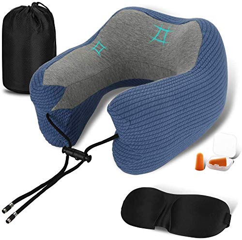 VinMas Almohadas de Viaje, Almohada de Viaje de Espuma de Memoria Almohada de Viaje para Dormir Cuello Napping Airplane Almohada con Ojos Máscara y Tapones para Ojos para Oficina Hogar