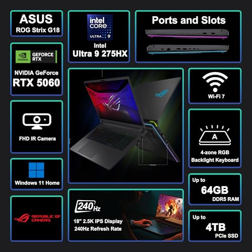 Image of ASUS ROG Strix G18 G815 Gaming AI PC Laptop 18 inch 2.5k (2560x1600) 240Hz (100% DCI-P3) Intel 24-core Ultra 9 275HX 32GB RAM 1TB SSD GeForce RTX 5060 (Up to 572 AI Tops) RGB Backlit WiFi7 Win11 ICP Acc