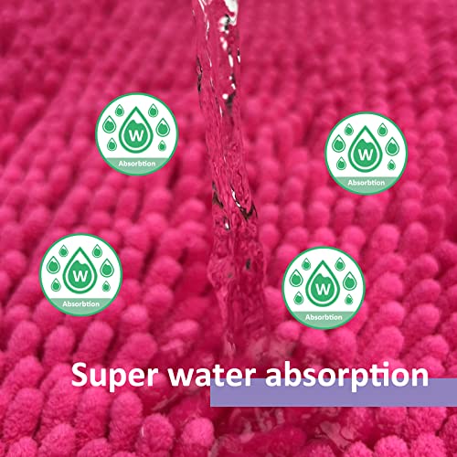 Image of Deep Pink Plush Bath Set - 3 Piece Anti-Slip Mats, Soft Chenille Shaggy Mat for Bathroom, Bedroom & Living Room, Water Absorbent