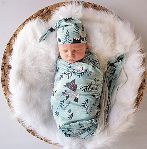 Image of Bellasignoro Newborn Receiving Blanket Swaddle Blanket Hat Set for Baby Snug Wrap (Mountain&Tree)