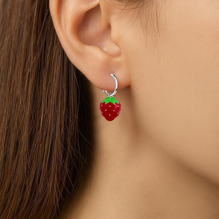 Strawberry Earrings Red for Women 925 Sterling Silver Simulated Fruit 3D Dangle Drop Cute Earrings Aesthetic Weird Hypoallergenic for Women Ears - Image 4