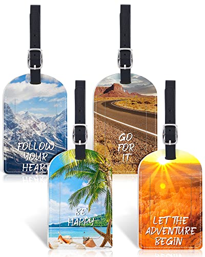 4 Pack Luggage Tags, Leather Suitcase Tags ID Luggage Labels with Unique Landscape Motivational Quote TSA Compatible Bag Tags Identifier with Privacy Cover Adjustable Strap Bag Tags Set for Men Women