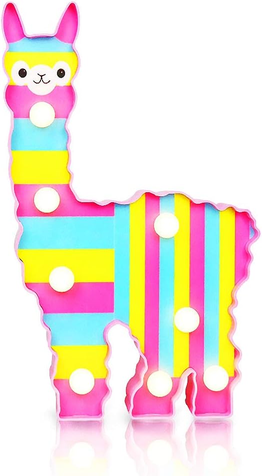 Rainbow Alpaca Llama Night Light, Light Up Llama Decor Signs Kids Gifts Home Table Wall Decoration for Girls Room, Bedside(Pink with Rainbow Stripe)