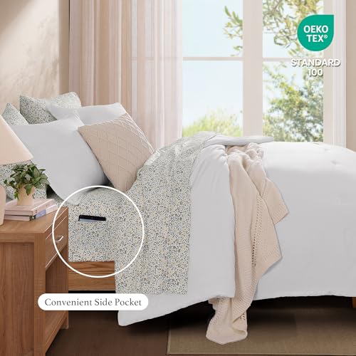 Image of Monbix Full Size Comforter Sets-7 Pieces Soft Bed in a Bag Full Bedding Set | All Season White Prewashed Comforter Bed Set with Striped Sheets, Pillowcases & Shams