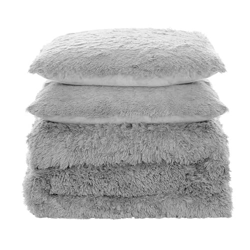 Full Size Luxury Faux Fur Comforter Set - Soft & Breathable 7-Piece Bedding Collection - 1 Comforter, 1 Fitted Sheet, 1 Flat, 2 Pillowcases, 2 Pillow Shams - Deep Pocket - Premium Quality, Silver