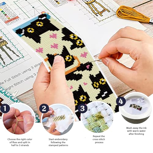 Image of ACRNIGHEET 6PCS Cross Stitch Bookmark Kit for Beginner Stamped Cross Stitch Kits for Adults Naughty Black Cat DIY Tassel Embroidery Bookmark Kits Needlepoint Kit with Instructions Gift 8.5''x3'' 11CT