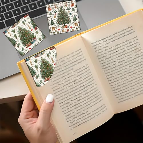 Image of 2Pcs Vintage Christmas Tree Corner Bookmarks, Handmade PU Leather Page Corner Protectors, Retro Holiday Art Stationery Gift for Book Lovers, Kids, Teachers, Reading Accessories 3.54 inch