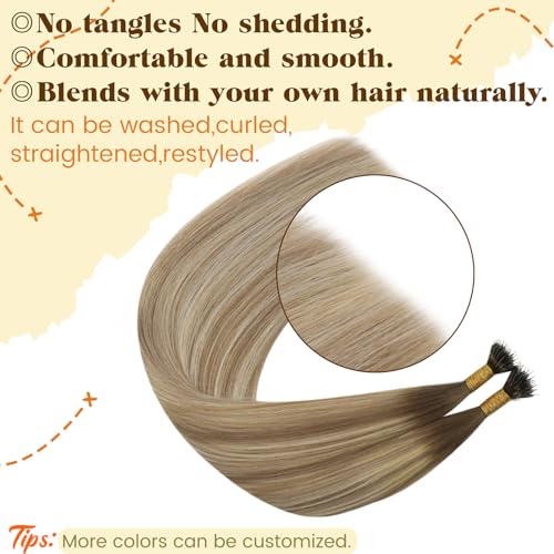 Ugeat Ombre Nano Bead Hair Extensions Human Hair Dark Brown Fading to Light Brown Mix Medium Blonde Nano Link Extensions Balayage Straight 14inch 50G 50S #3/8/22 - Image 4