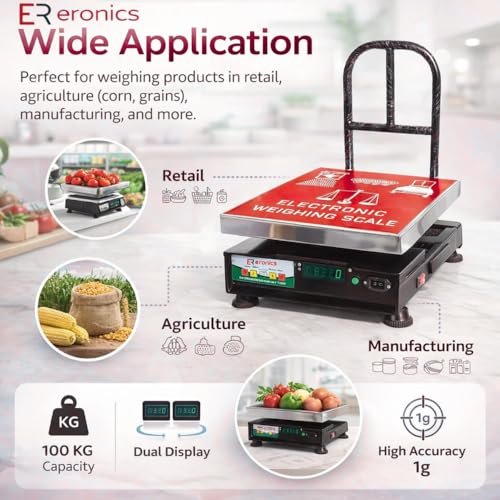 Image of Stainless steel 304 top,100kg capacity Digital Weighing Machine /Scale for Shops, Factories & Poultry | Heavy Duty with Dual Bright Display for Industrial,Platform scale, Supermarkets,