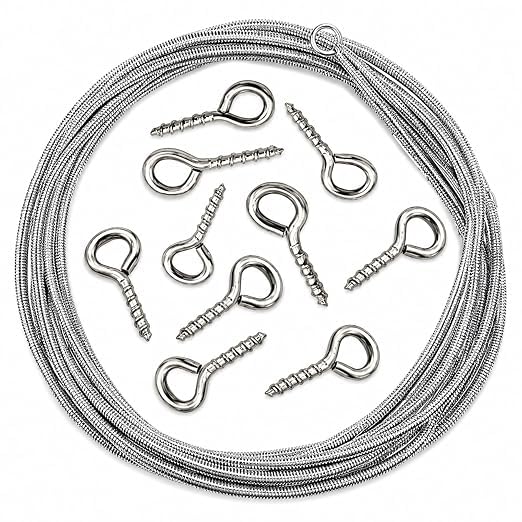 Image of Livshine Spring Curtain Wire 5 Meter with 15 Screw Eye Hooks, Flexible Metal Curtain Hanging Wire Kit for Windows, Cafe Curtains, Photo Display, String Lights and Decor