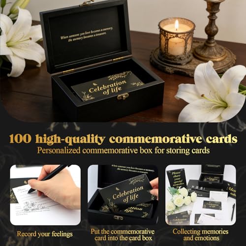 Image of Celebration of Life Memory Box Set with 100Pcs Share a Memory Cards for Funeral and 6 Pens, 2 Wood Sign, Memorial Decorations for Funeral Favors, Elegant Funeral Memory Box for Memorial Service