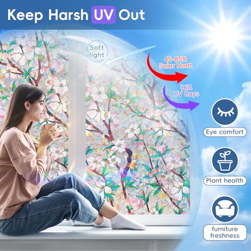 Image of Rainbow Window Privacy Film Decorative Window Sticker, 3D Static Stained Glass Cling Tint for Home Heat Control Non-Adhesive, 17.5 Inch * 78.74 Inch