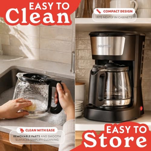 Gourmia 12 Cup One-Touch Coffee Maker – Pause and Serve with Automatic Keep Warm, Easy View Water Window, Compact Design, Stainless Steel Accents, Black — view 6