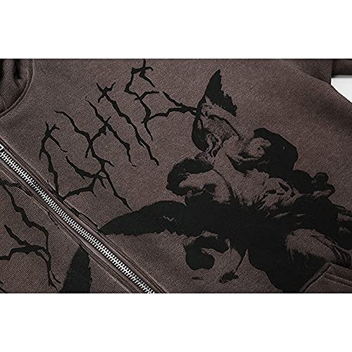 Sawmew Frauen Casual Einfarbig Hoodie Jacke Langarm Reißverschluss Loose Fit Y2k E-Girl Übergroße Engel Schmetterling Gedruckt Sweatshirt Streetwear Übergroßer Kapuzenmantel