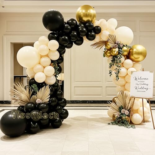 Black White and Gold Balloon Arch Kit – Double Stuffed Balloons in Black, Ivory with Metallic Gold – 5”/12”/18” Balloons for Graduation, Birthday, Retirement, New Year, Balloon Garland Decorations