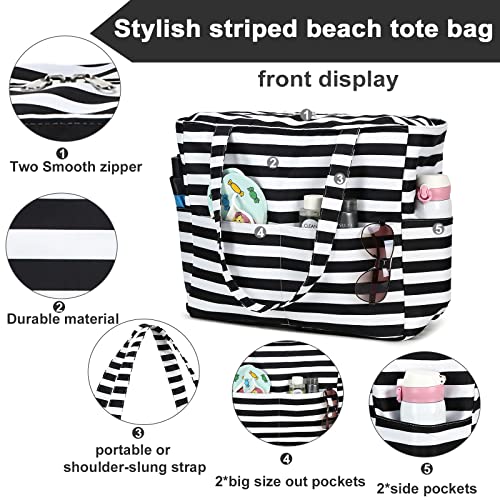 Loidou Large Tote Beach Bag For Women Men Waterproof Sandproof Pool Swim Bag With Zipper & Wet Pockets Tote Shoulder Bag For Gym Travel Work Teacher Grocery (Stripe) #TOP6