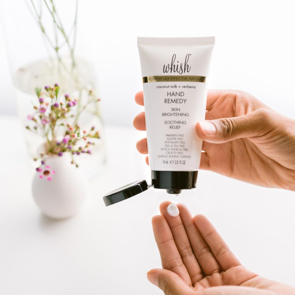 Whish Coconut Hand Remedy - Coconut Milk & Verbena, Organic Hand Cream with Glycolic Acid for Dry, Aging Hands, Exfoliating & Brightening, 2.5 Fl Oz
