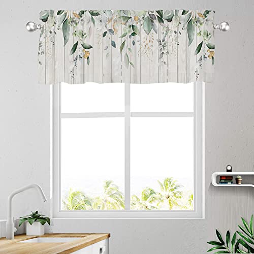 Sage Green Eucalyptus Leaf Kitchen Curtains Valances For Windows Spring Summer Watercolor Leaves Rod Pocket Valance 1 Panel Short Toppers Curtain 54X18 Inch For Bedroom Bathroom Living Room Decor #TOP1